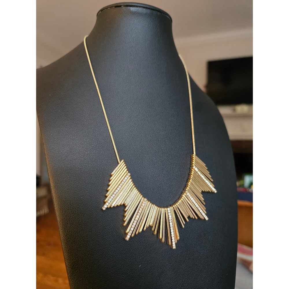 Art Deco Style Modern Necklace Goldtone Crystal Bars Fringe Bib Vintage